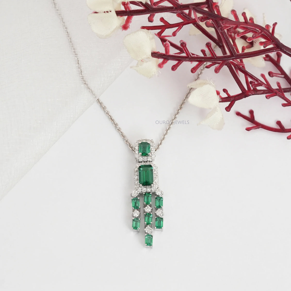 Green Emerald Gemstone Halo Chandelier Pendant Necklaces