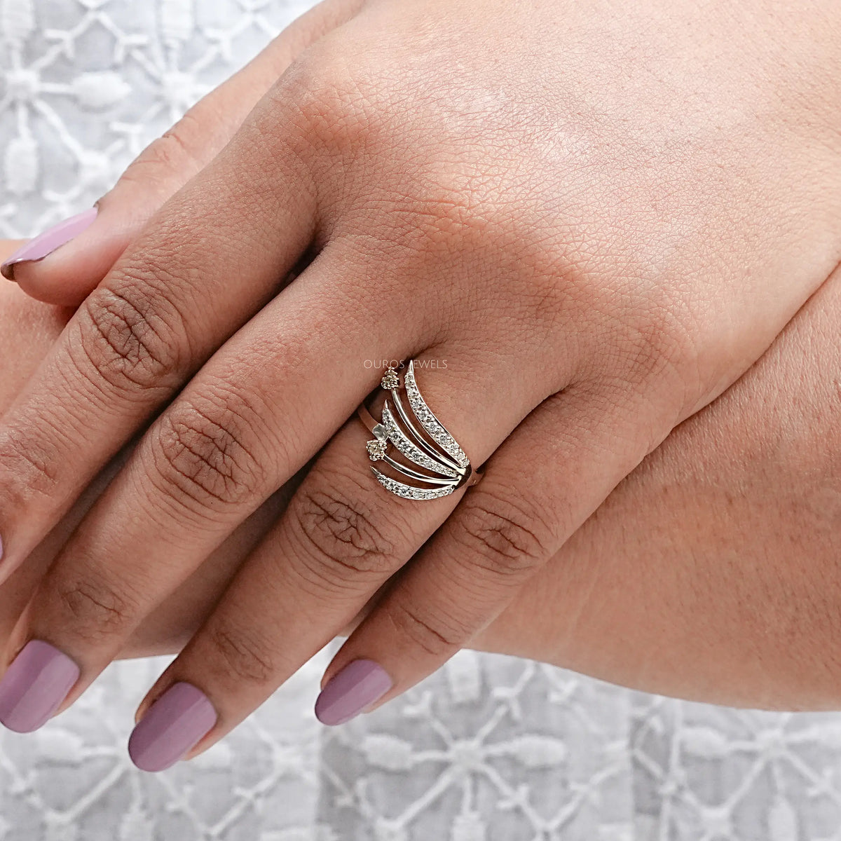 Round Lab Diamond Angel Wing Ring Ring