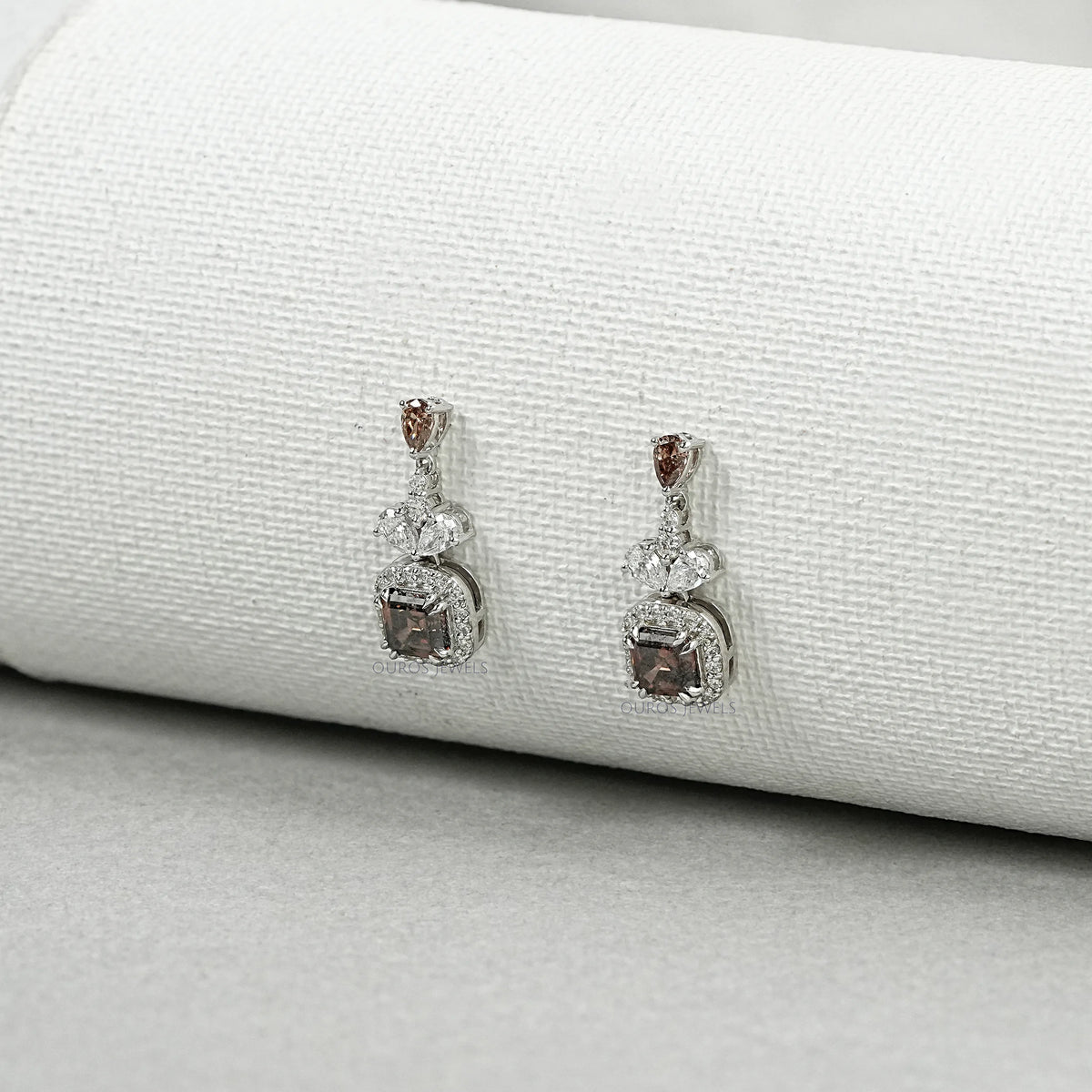 Champagne Asscher Cut Halo Dangle Earrings Earrings