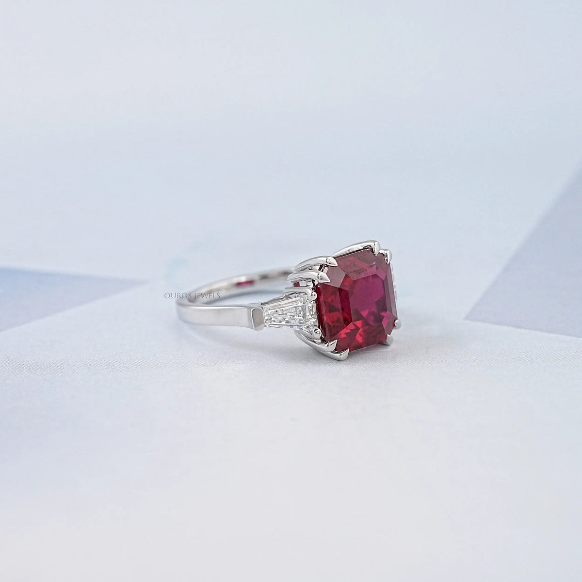 Three Stone Ruby Asscher Gemstone Engagement Ring