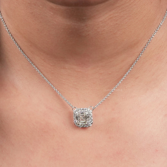 Asscher Cut Lab Diamond Halo Pendant Necklaces