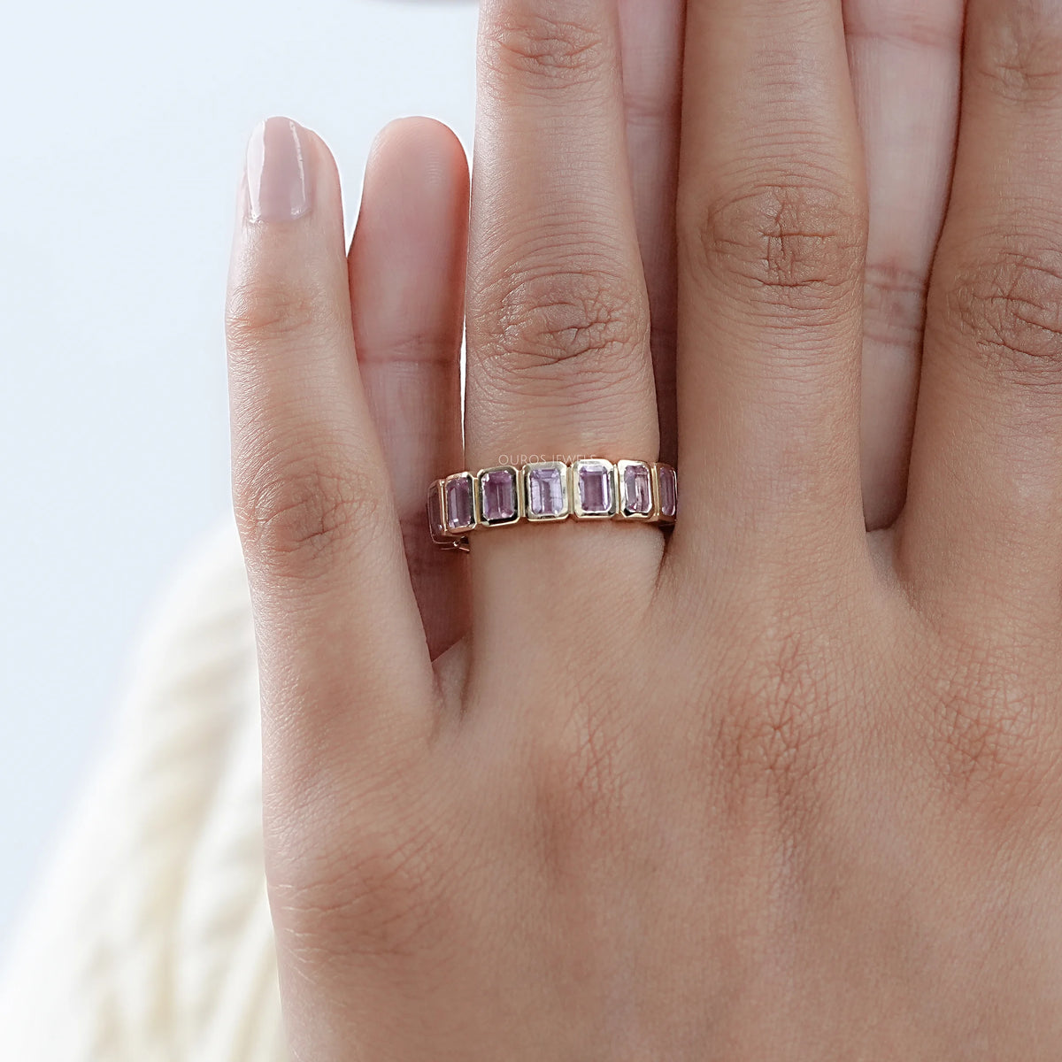 Sapphire Pink Emerald Cut Bezel Set Eternity Wedding Band Rings