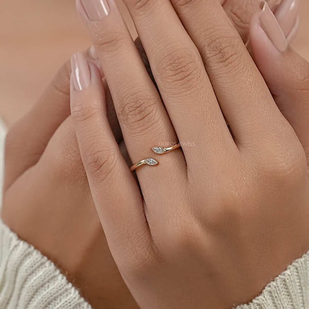 Marquise Lab Diamond Bezel Set Open Cuff Ring Ring