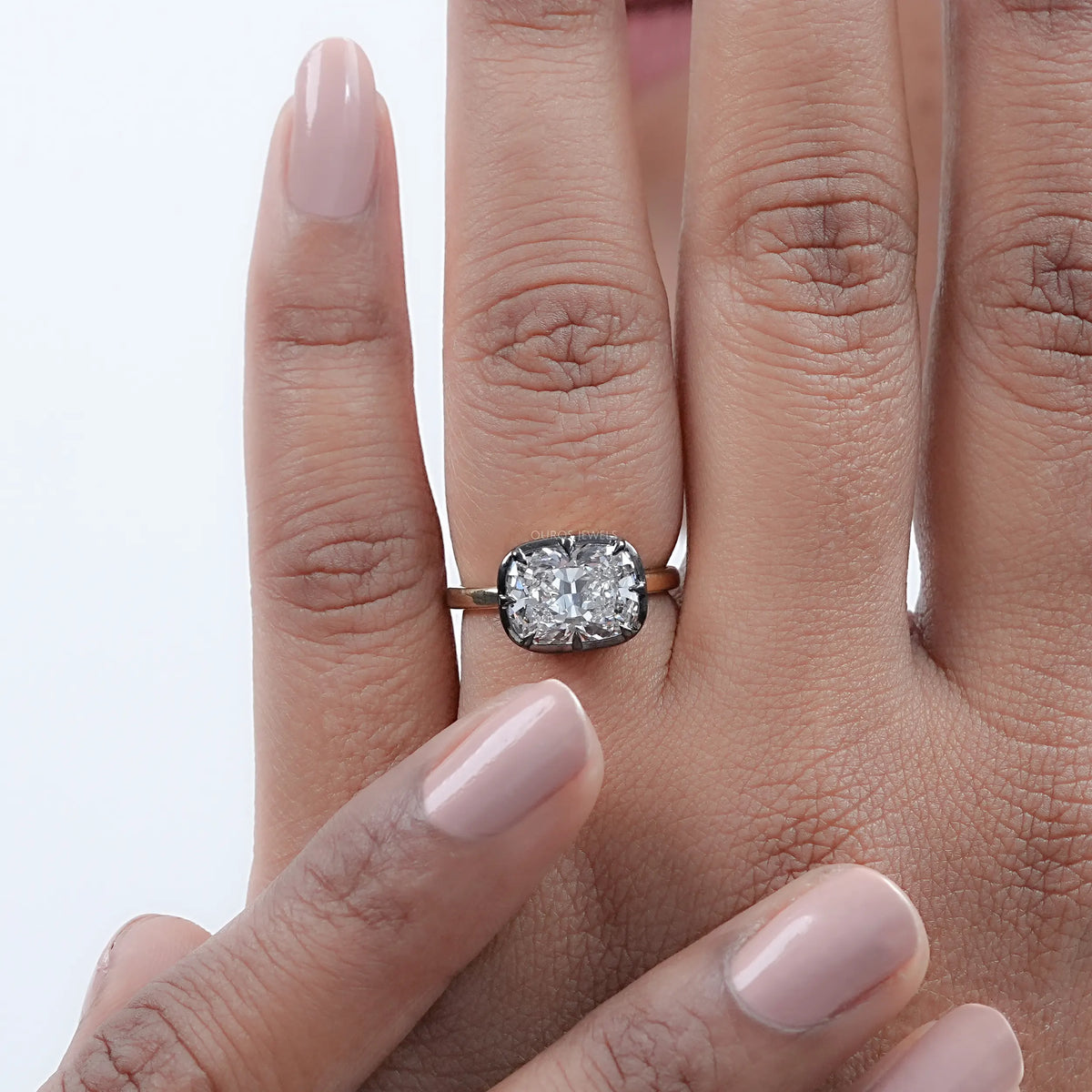 East West Cushion Diamond Black Coating Solitaire Ring