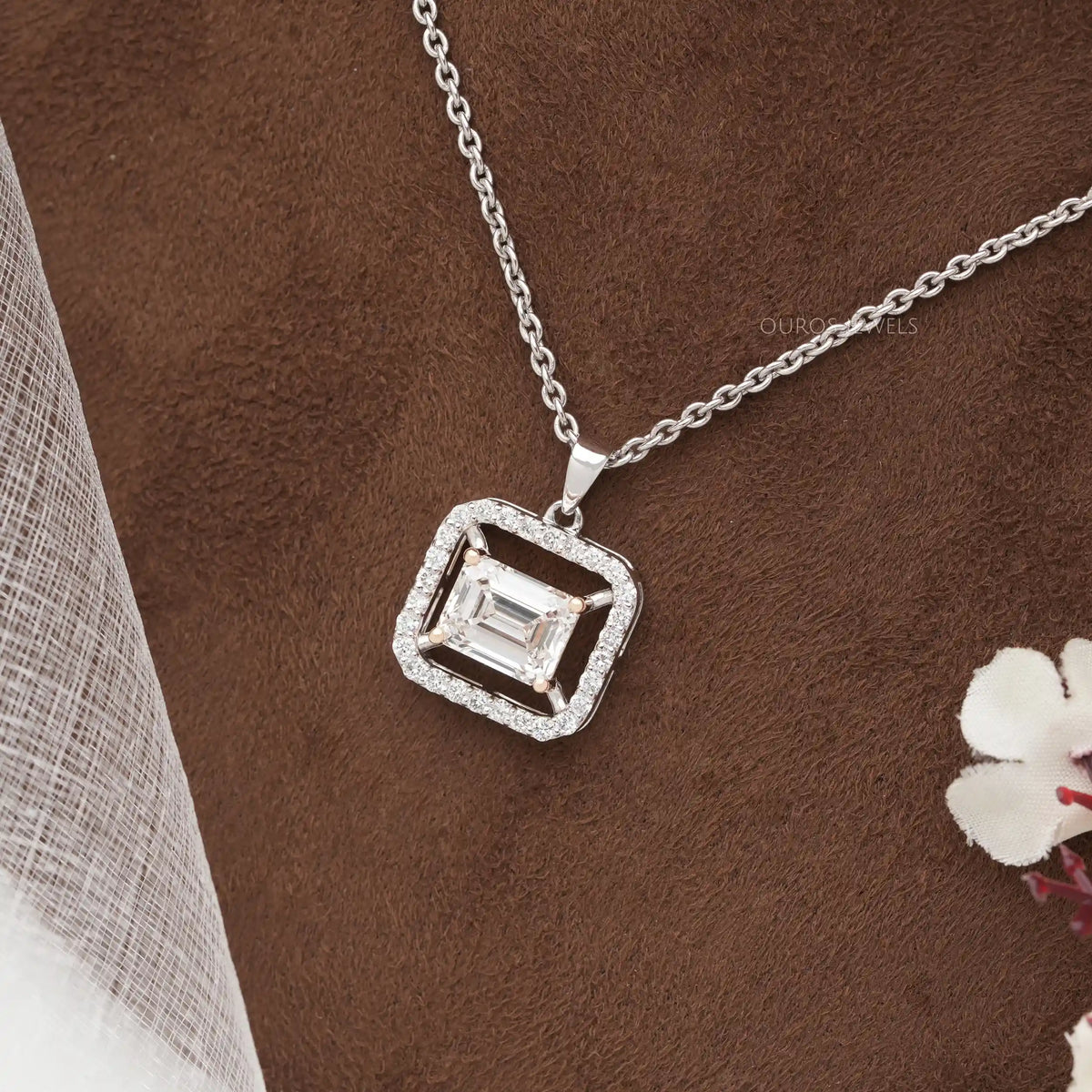 Emerald Cut Lab Grown Diamond Halo Pendant Necklaces