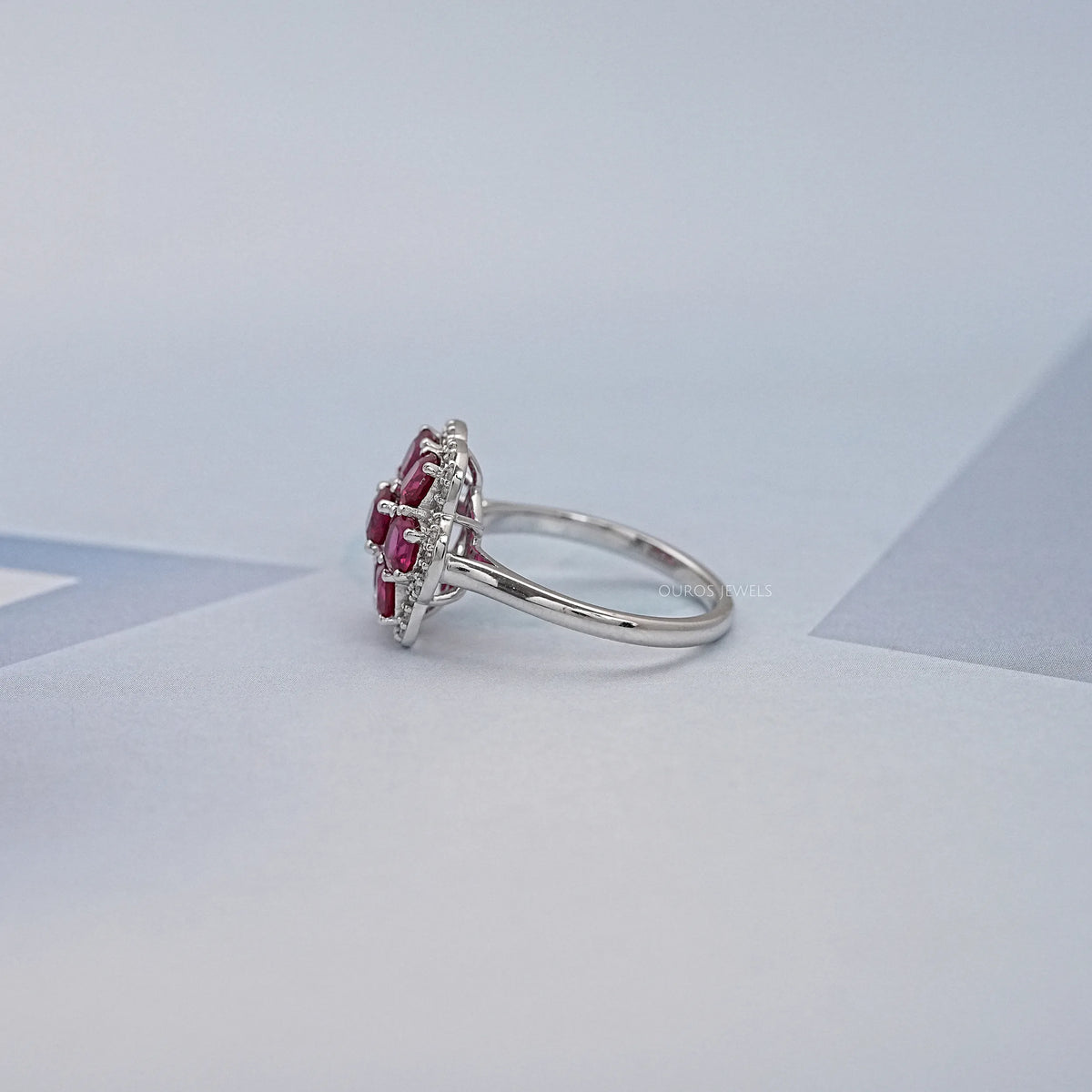 Ruby Cushion Gemstone Floral Halo Ring