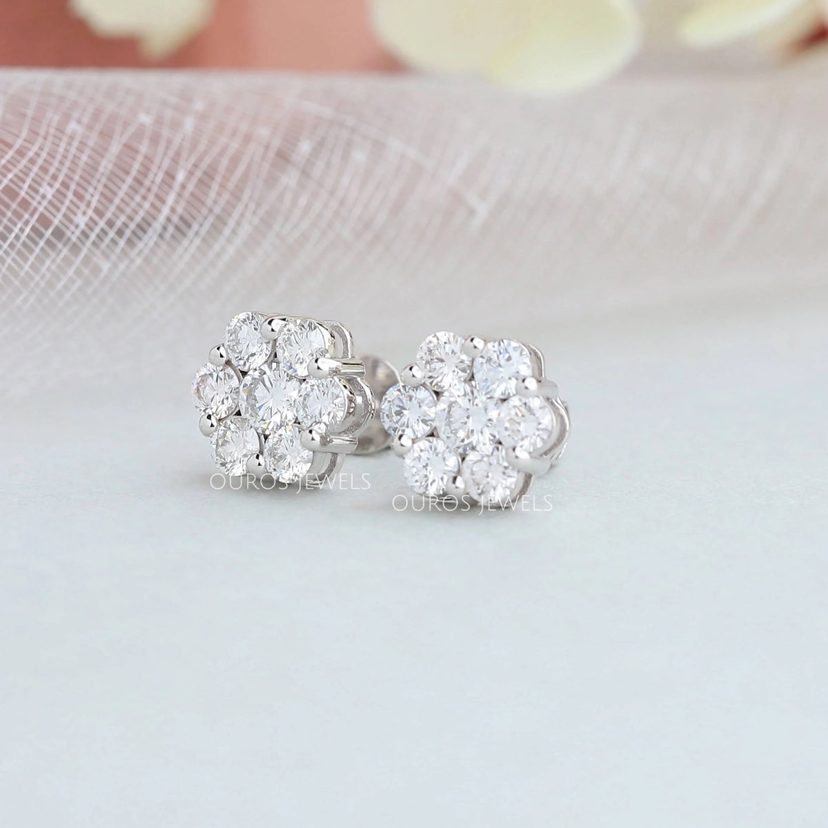 Floral Style Round Cut Halo Stud Earrings Earring
