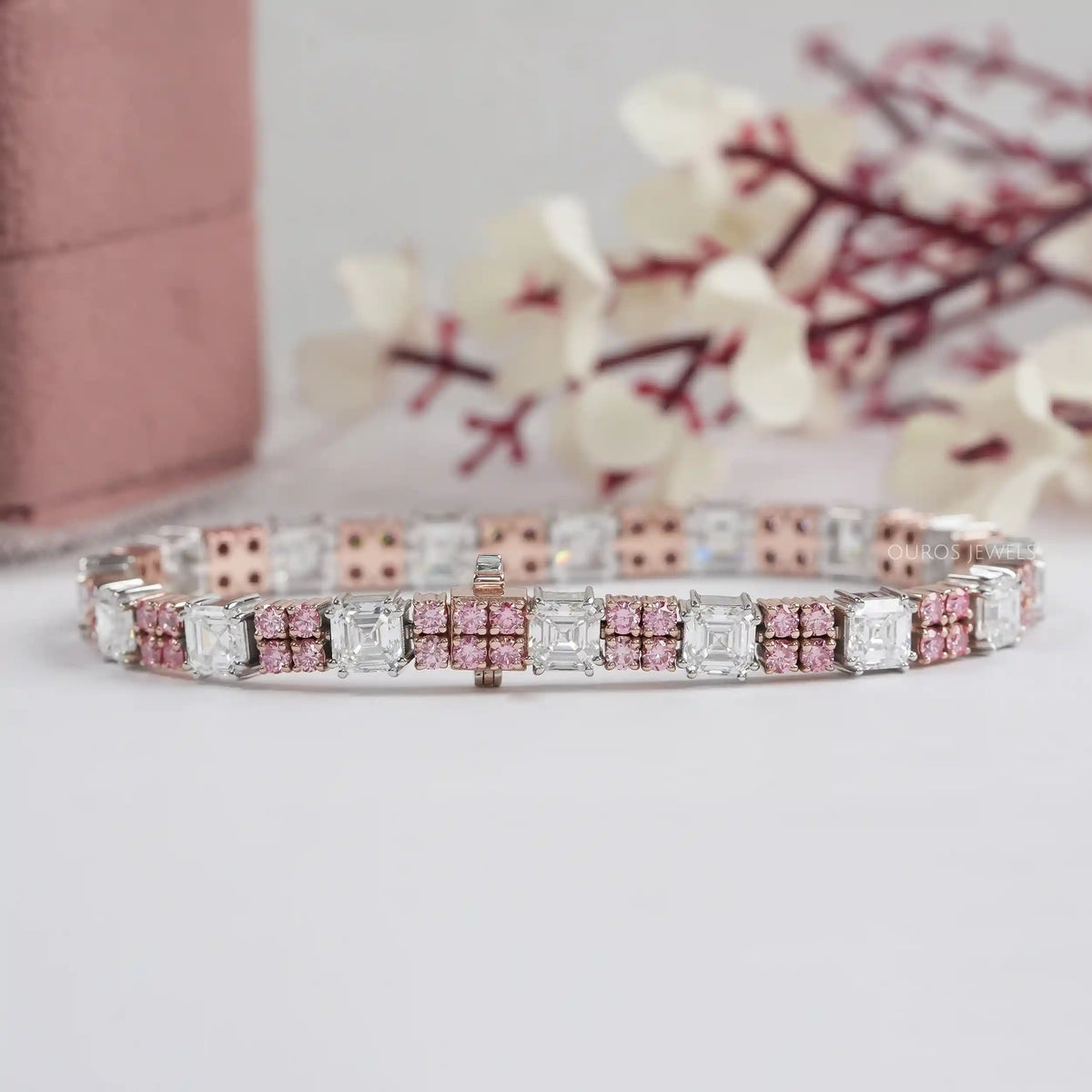 Asscher Diamond And Pink Round Tennis Bracelet Bracelet