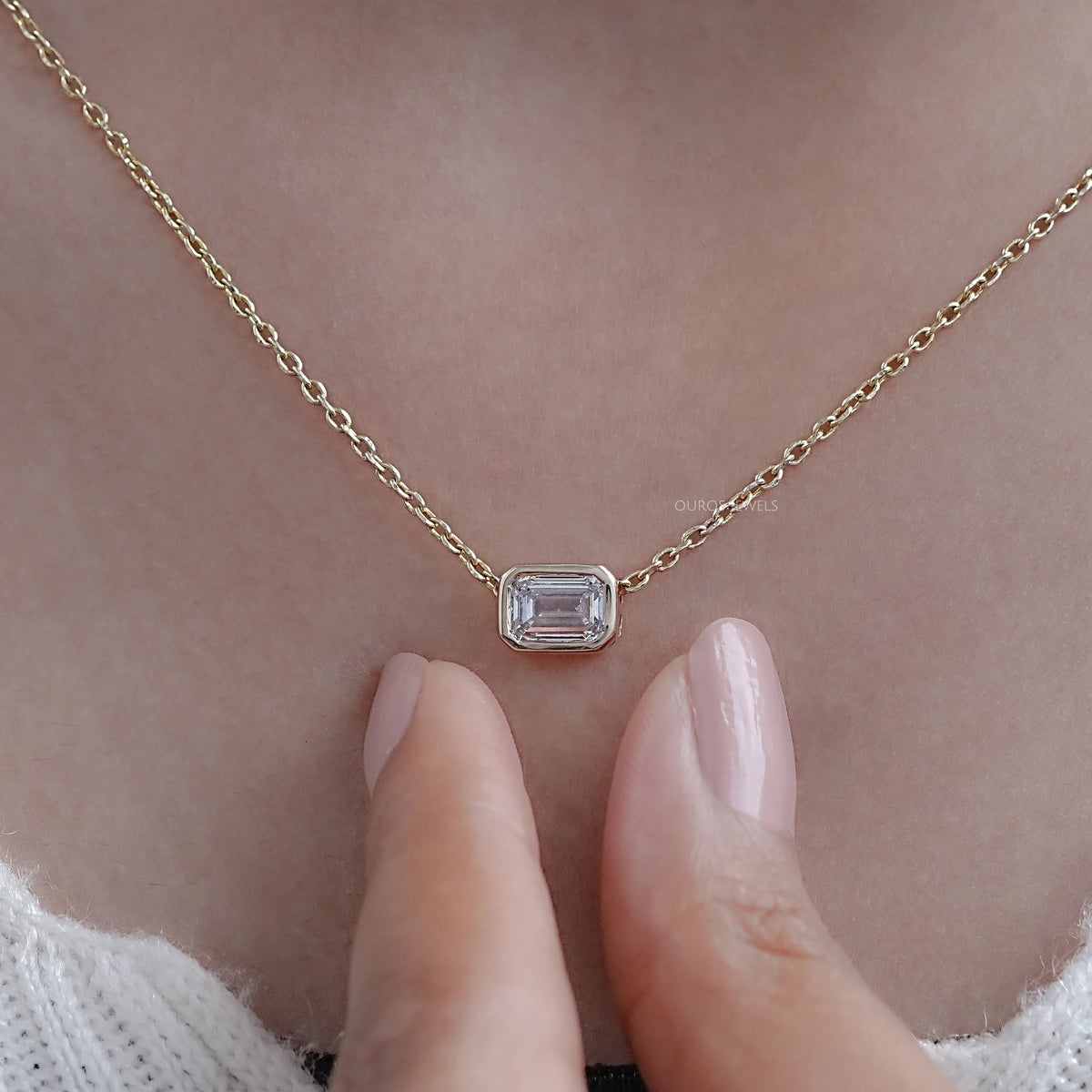Bezel Set Emerald Cut Lab Diamond Solitaire Pendant Necklaces