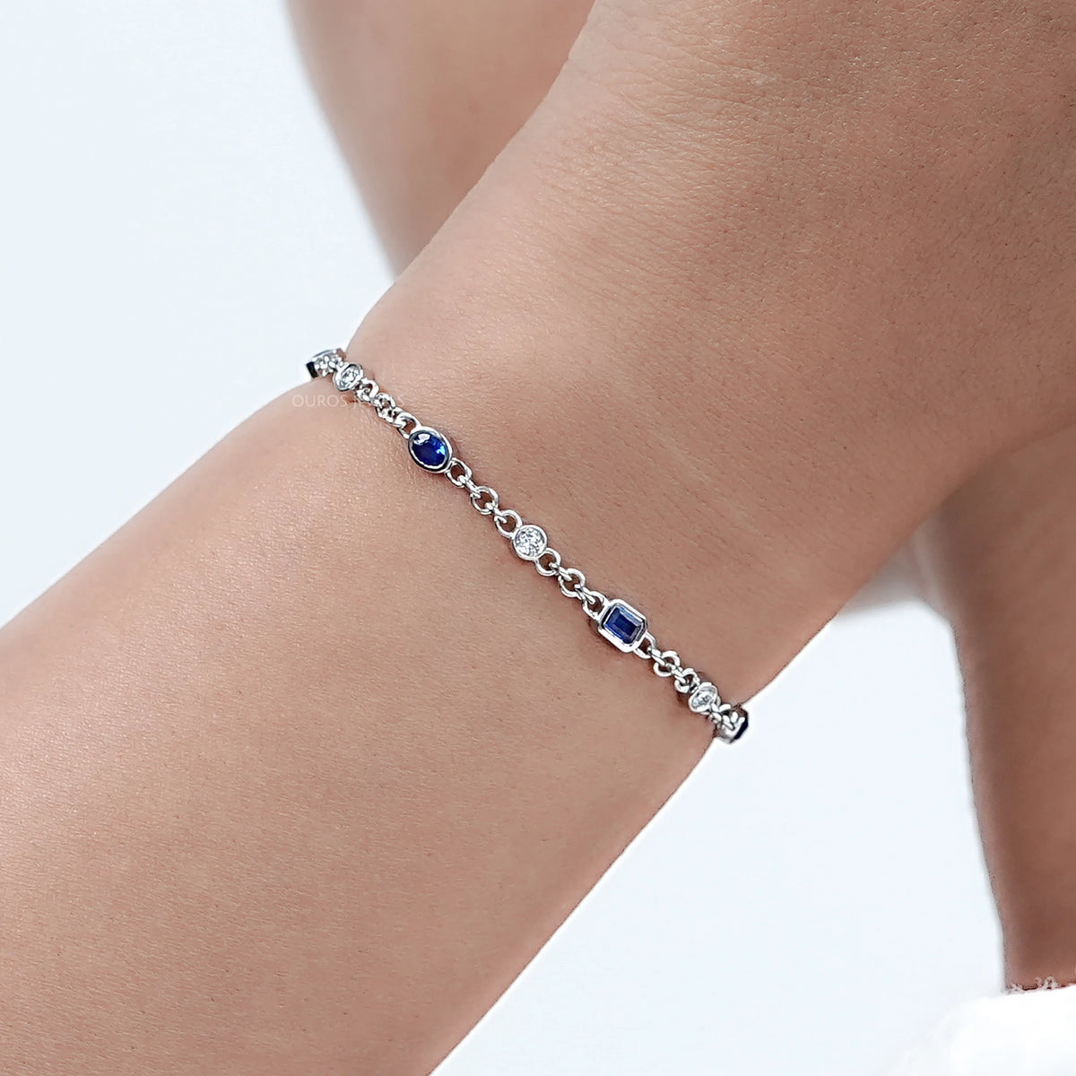 Sapphire Emerald Cut Gemstone Chain Bracelet