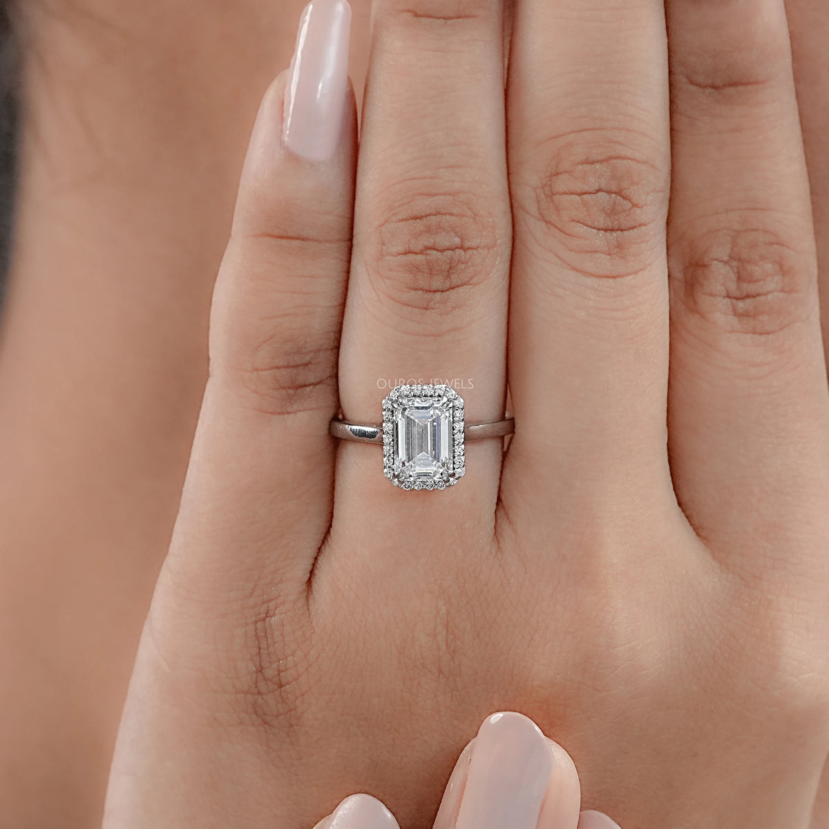 Emerald Lab Diamond Solitaire Halo Engagement Ring Rings