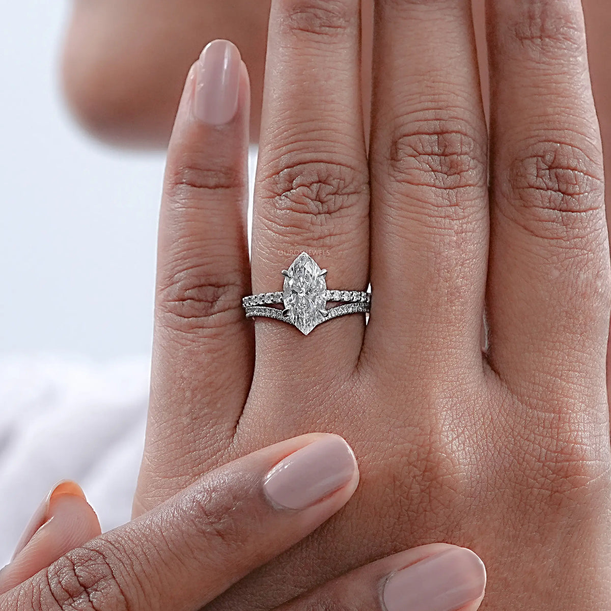Marquise Lab Diamond Solitaire Accent Bridal Ring Set Rings
