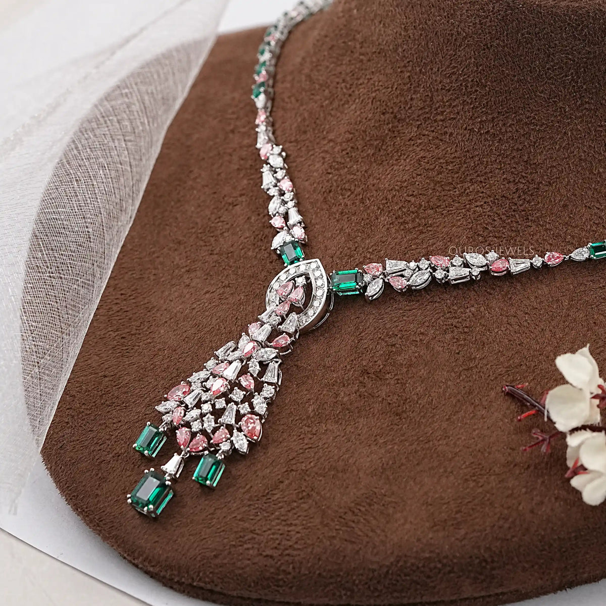 Pink Pear Diamond and Emerald Gemstone Bridal Necklace Necklaces