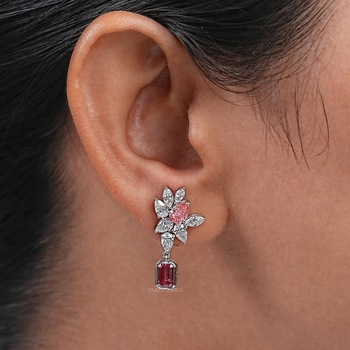 Pink Emerald And Pear Diamond Cluster Drop Earrings Earrings