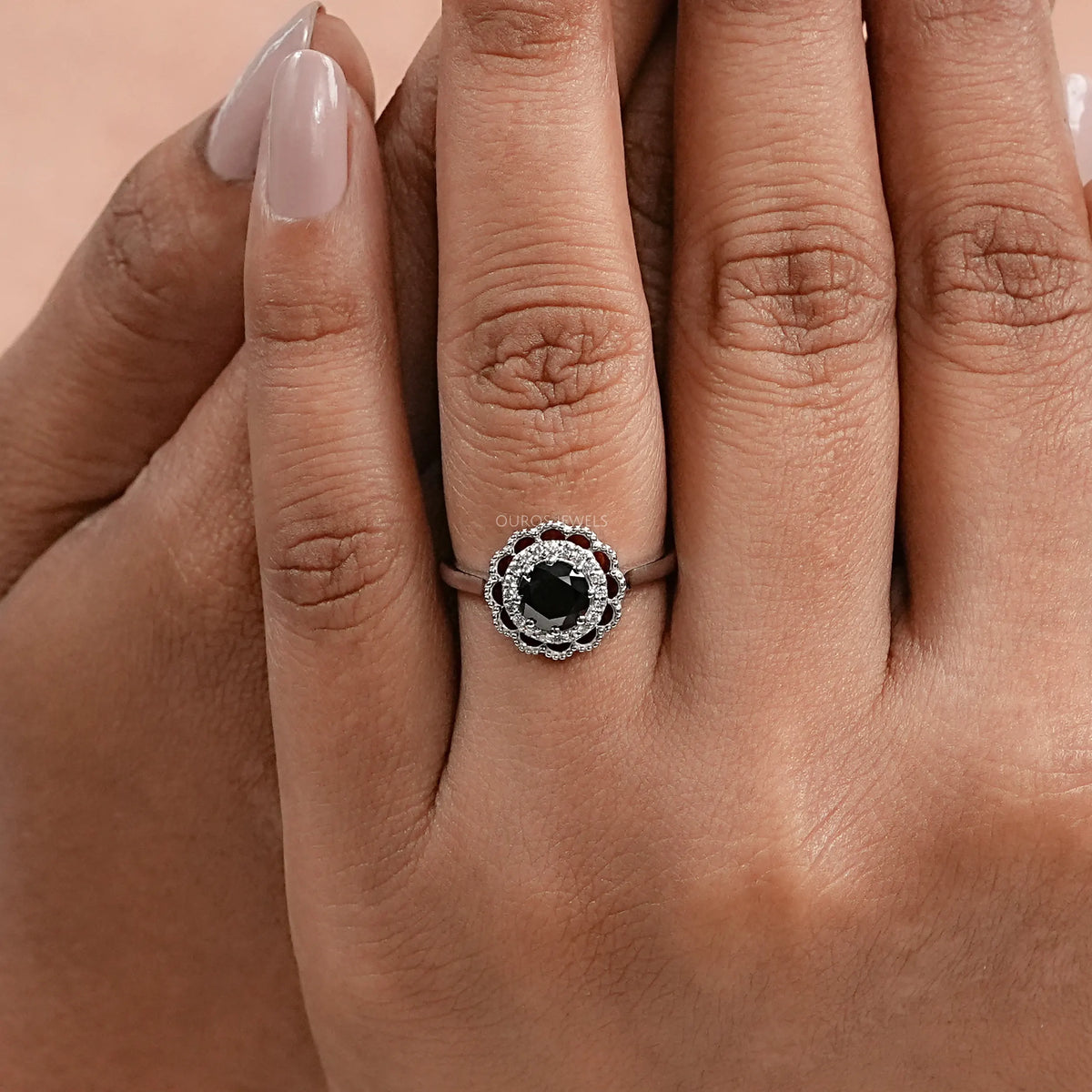 Black Round Diamond Double Halo Engagement Ring Rings