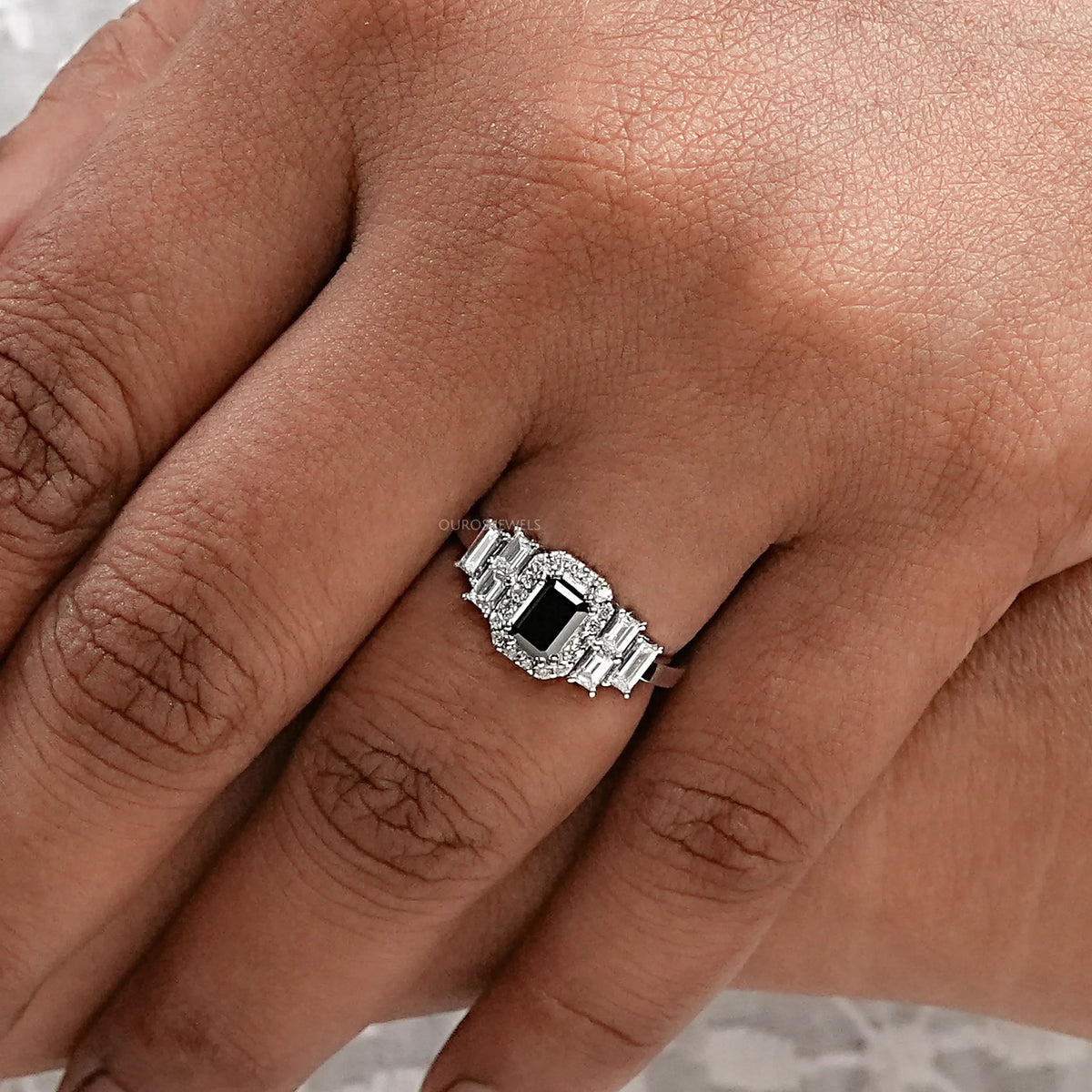 Black Emerald Diamond Accent Halo Engagement Ring Rings