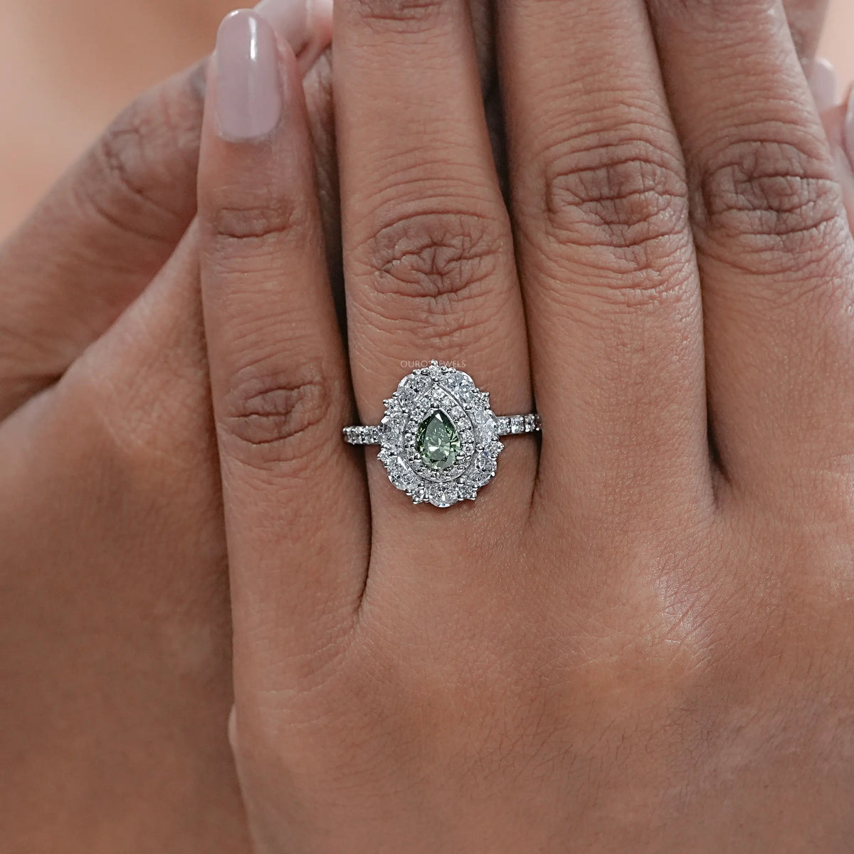 Green Pear Diamond Double Halo Engagement Ring Rings