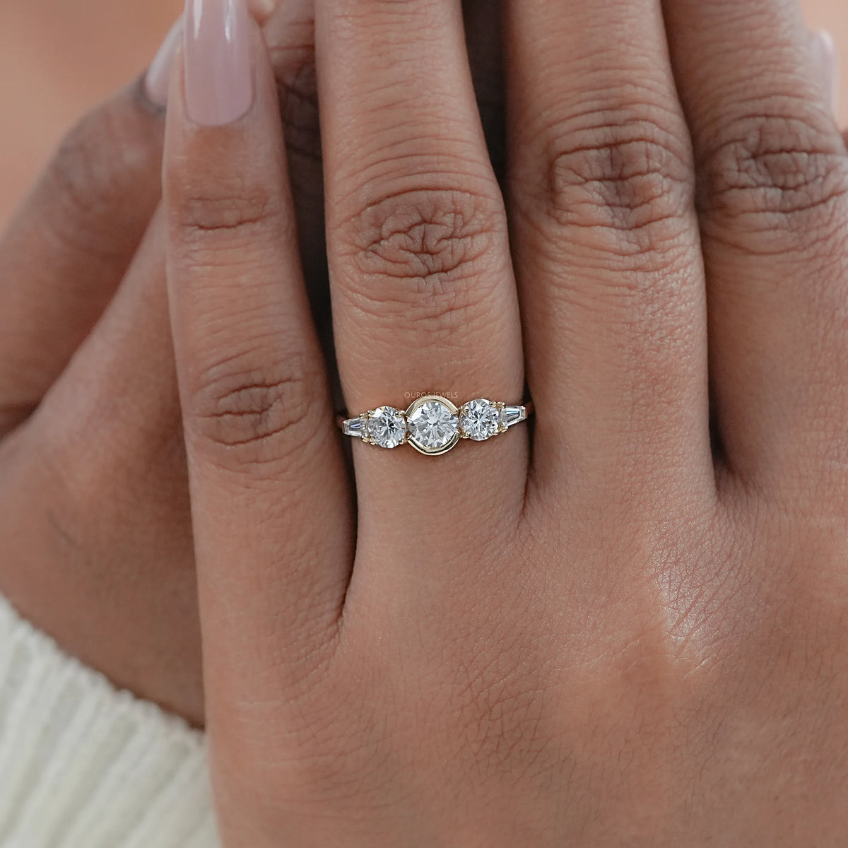 Five Stone Round And Tapered Baguette Cut Engagement Ring Rings