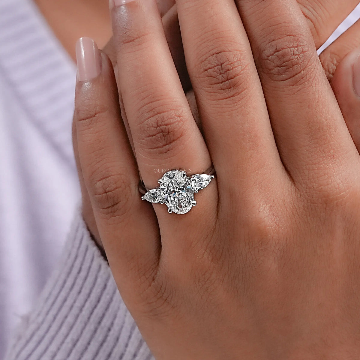 Three Stone Oval Shape Lab Grown Diamond Ring
