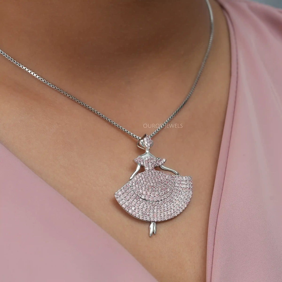 Fancy Pink Round Cut Crystals Barbie Doll Pendant Necklaces