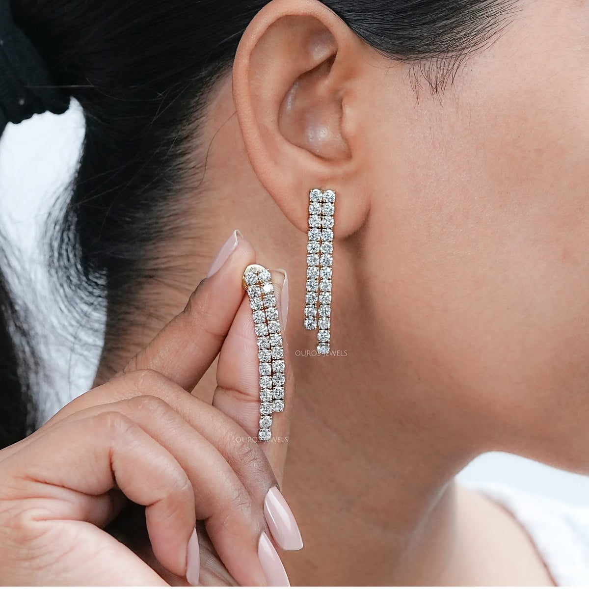 Round Diamond Double Row Drop Earrings
