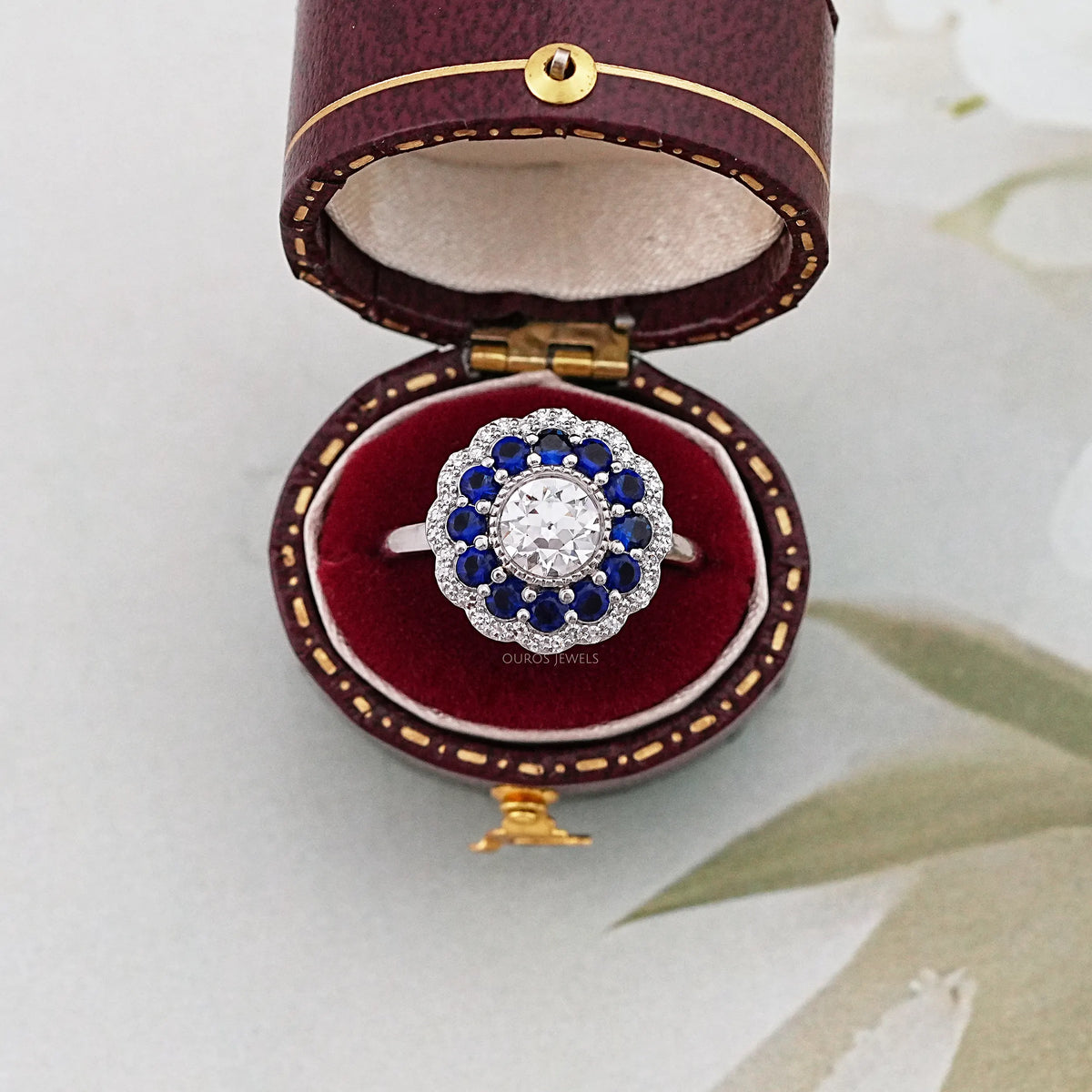 Old European Round Cut Sapphire Halo Engagement Ring Rings