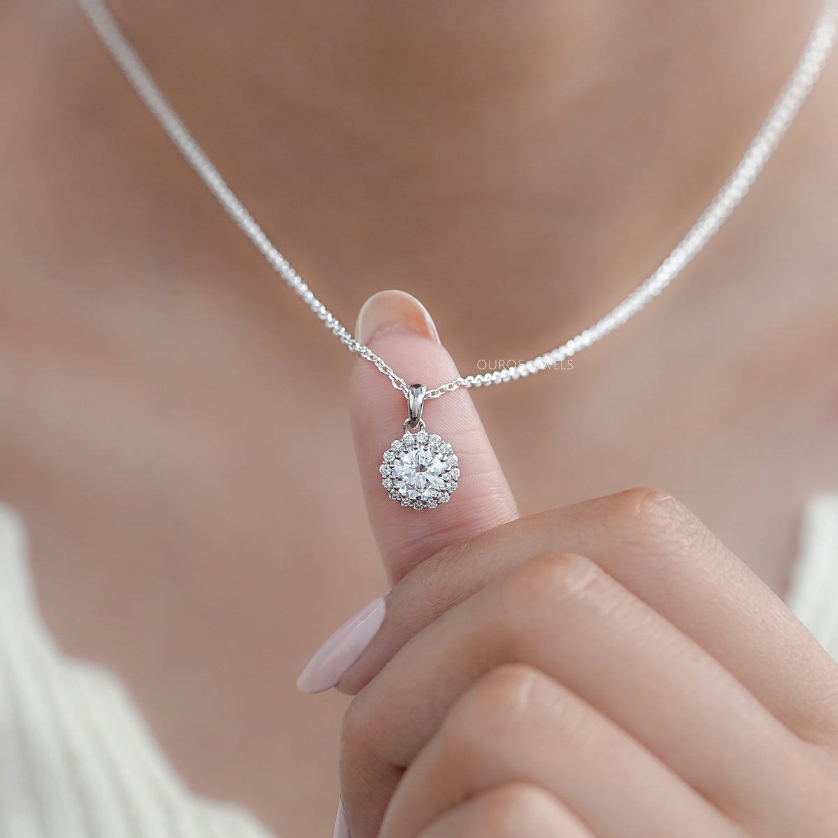Round Lab Grown Diamond Halo Pendant Necklaces