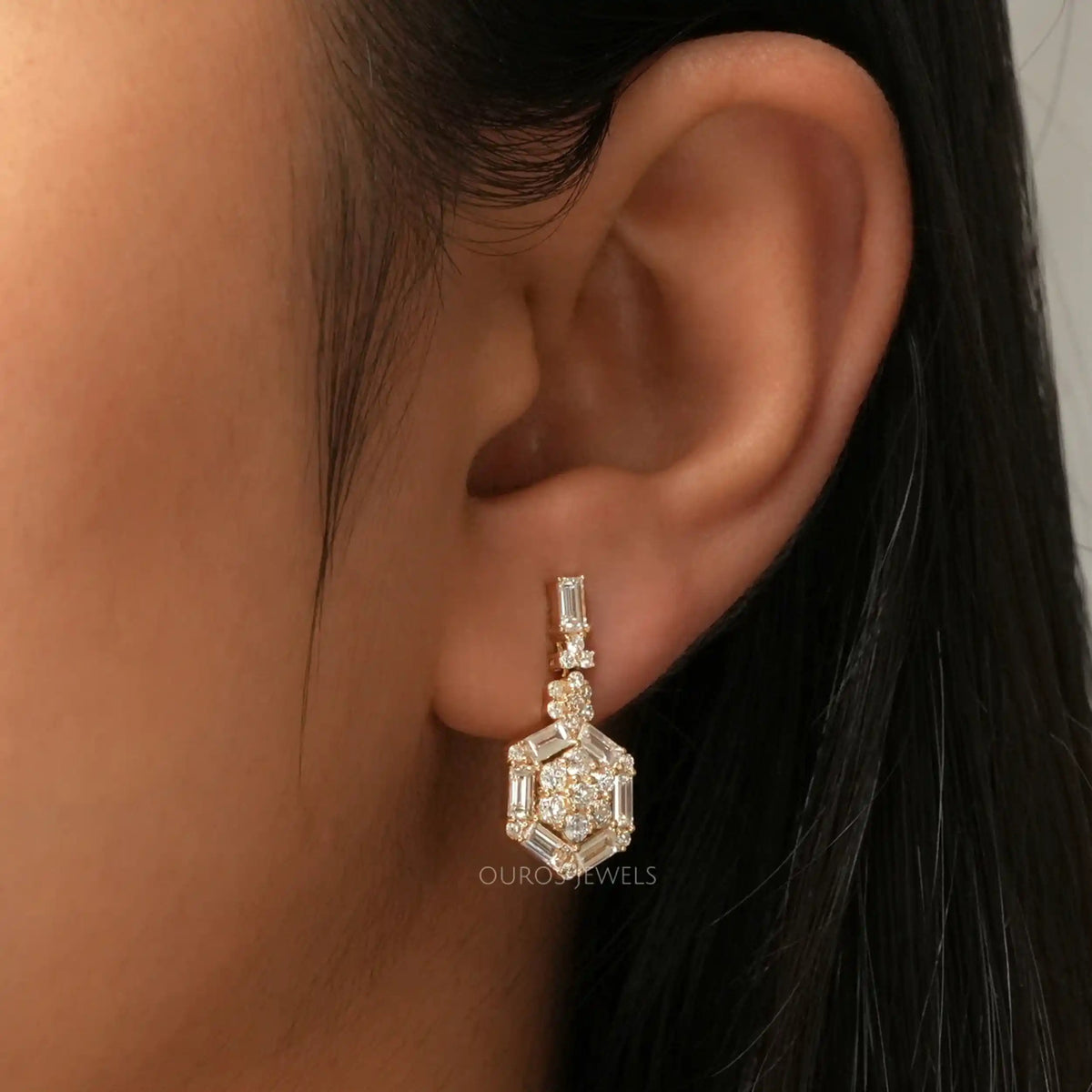 Hexagon Shape Baguette And Round Cut Screw Back Earrings