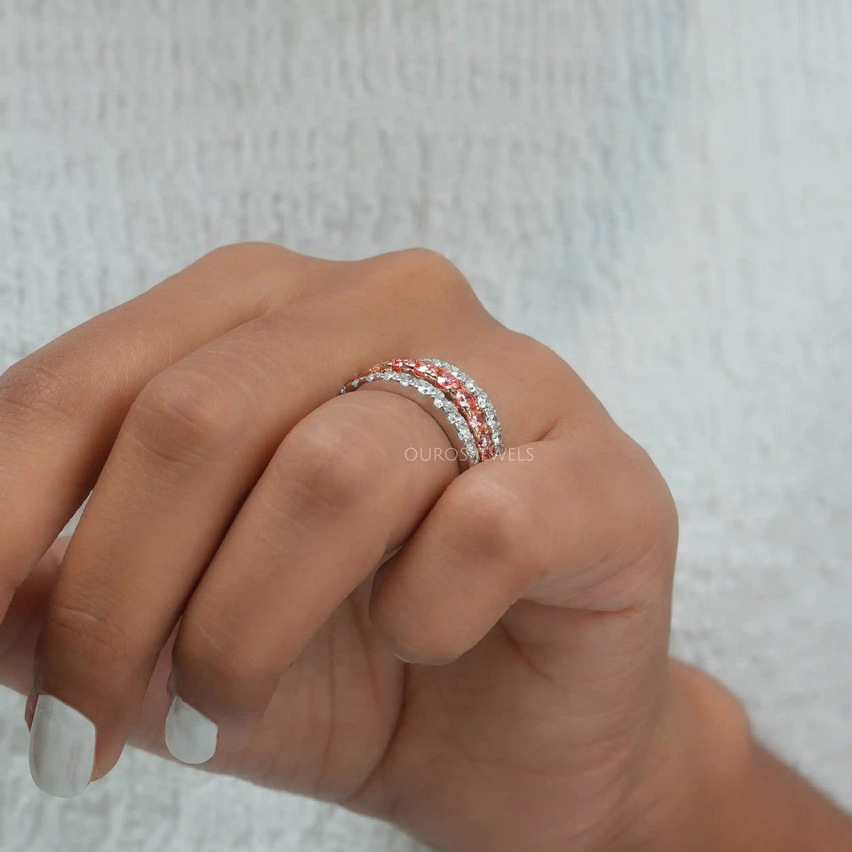 Pink Round Cut Lab Grown Diamond Triple Row Band