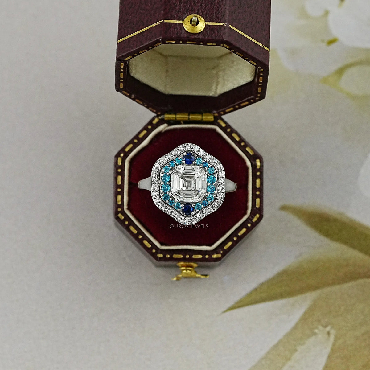 Old Mine Asscher Diamond And Gemstone Double Halo Ring Rings