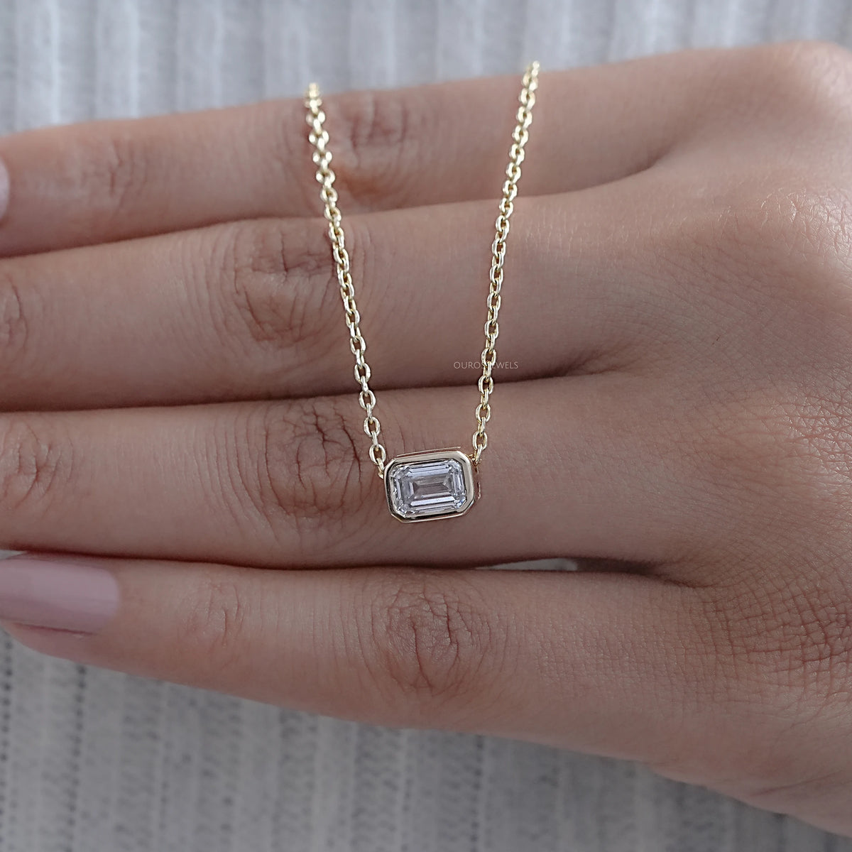Bezel Set Emerald Cut Lab Diamond Solitaire Pendant Necklaces
