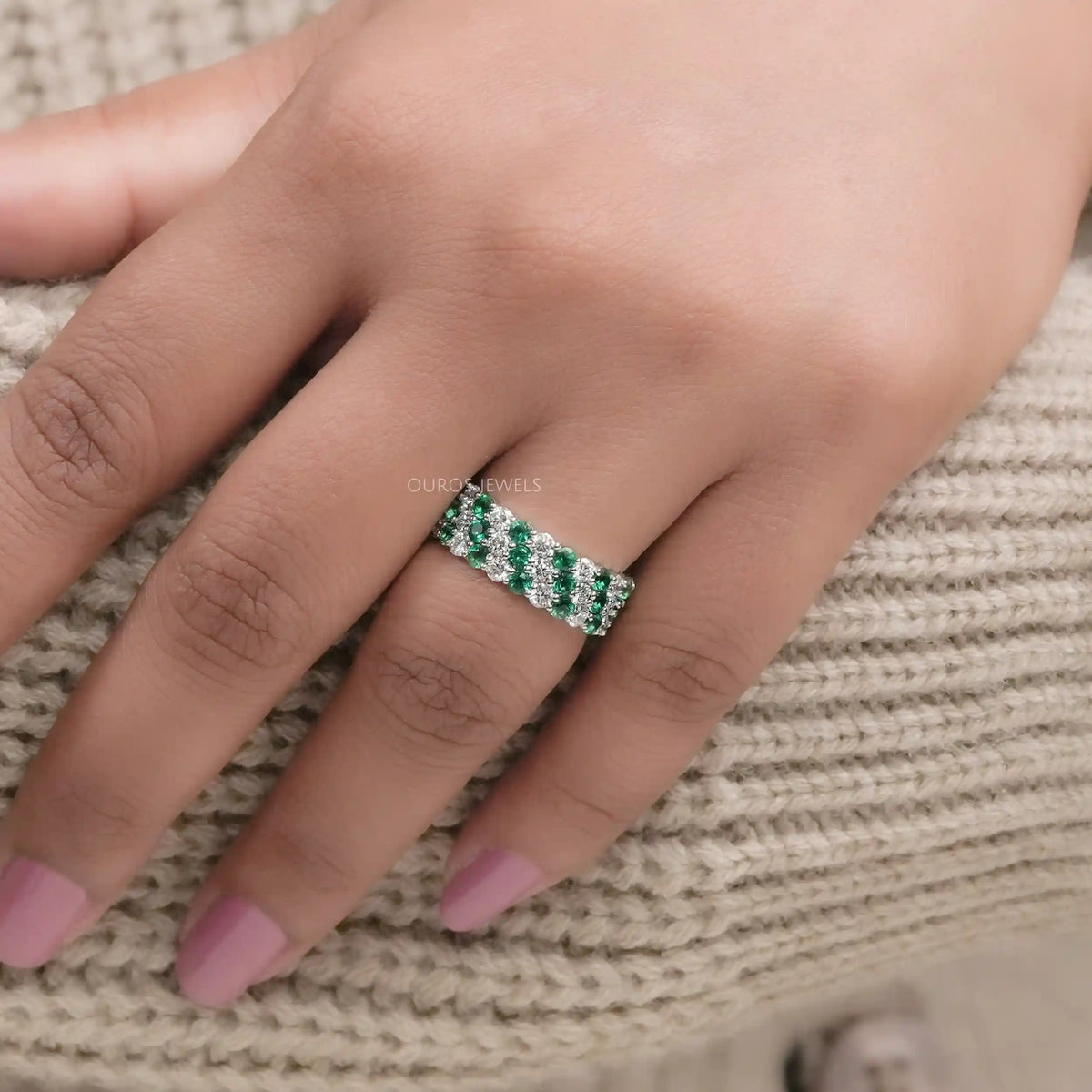 Three Row Emerald Gem And Diamond Wedding Band