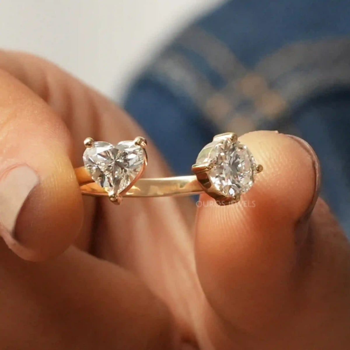 Heart And Round Cut Lab Grown Diamond Open Cuff Ring