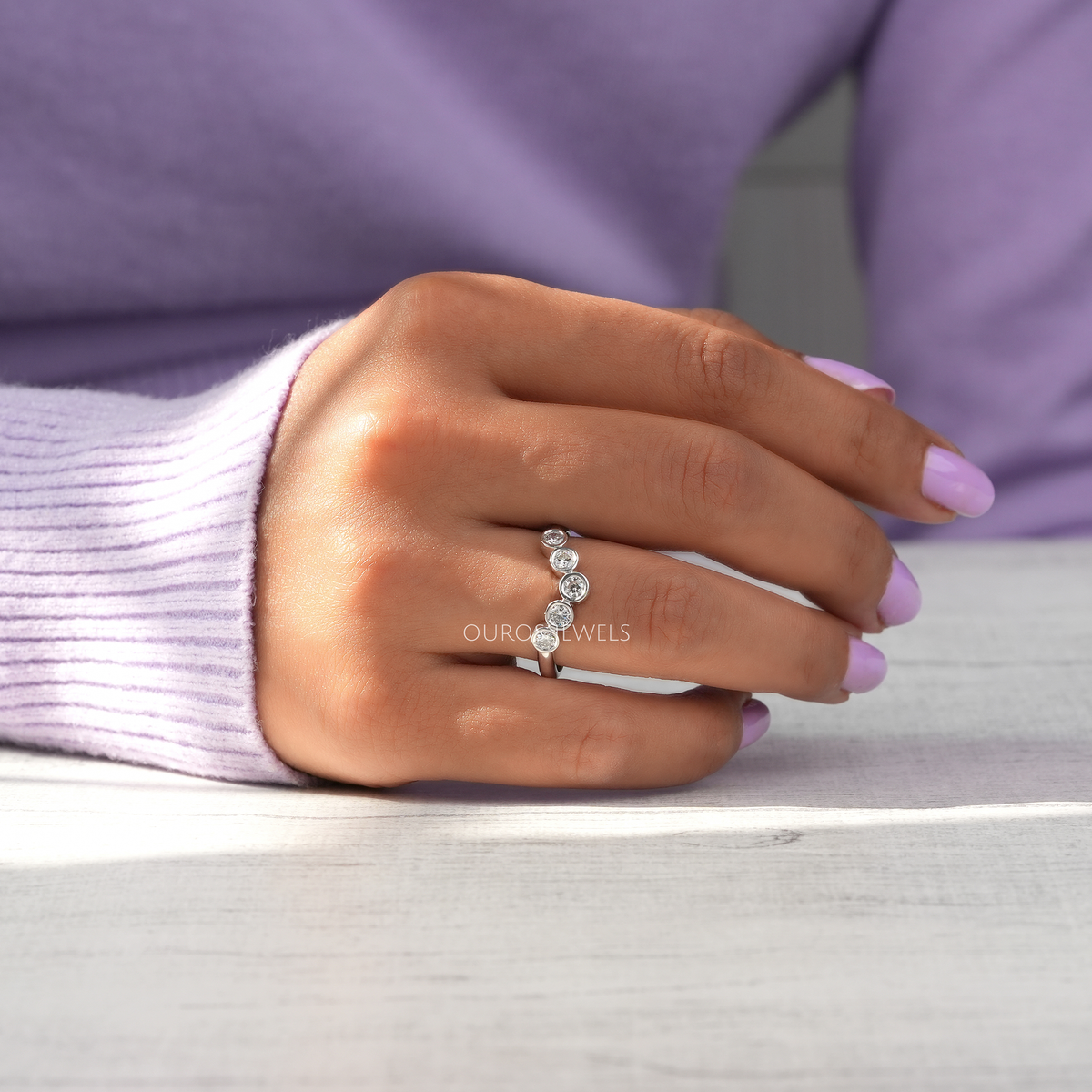 Bezel Set Round Cut Lab Diamond Curved Ring