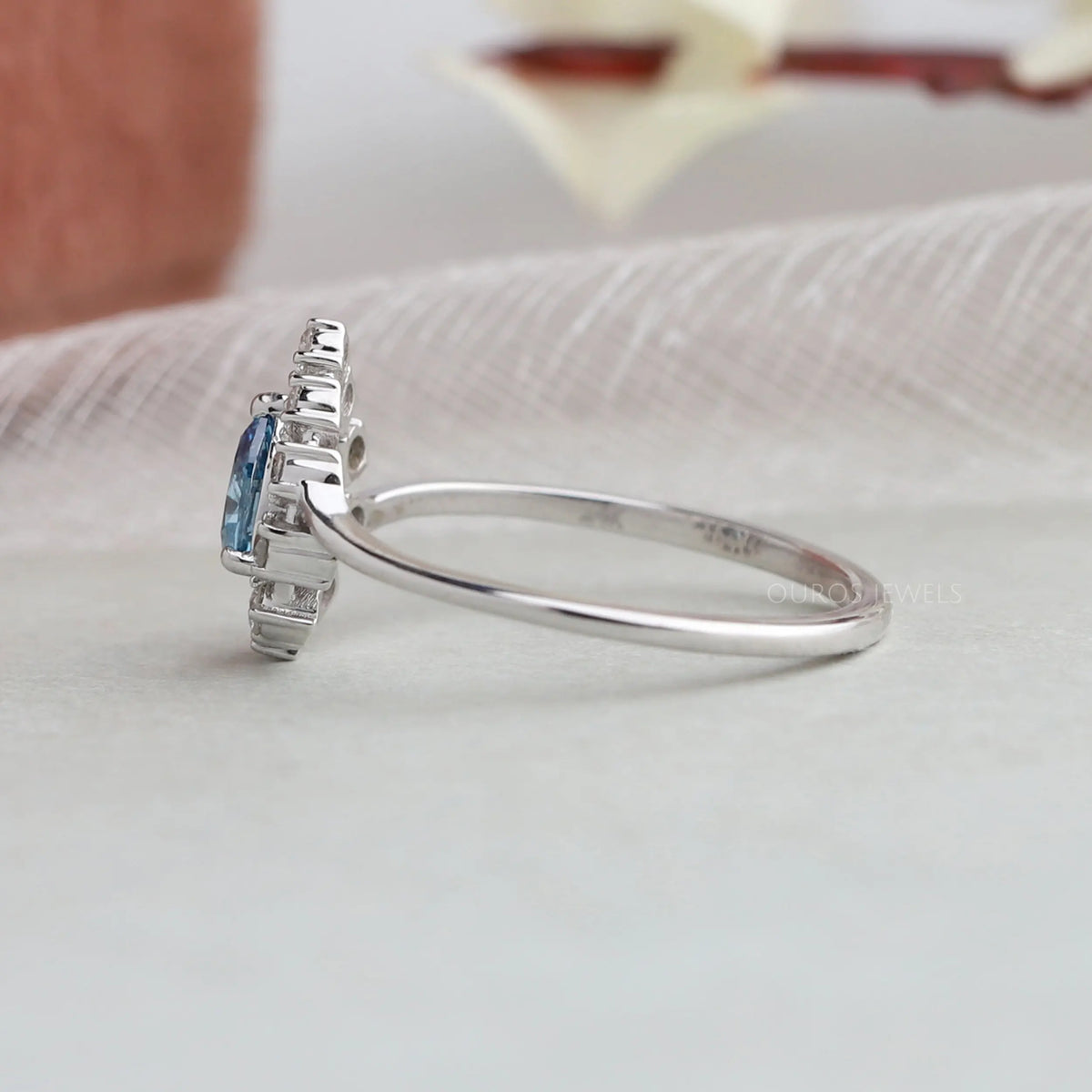 Blue Pear Cut Halo Diamond Ring