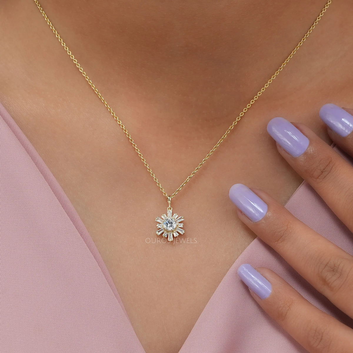 Tapered Baguette And Round Cluster Diamond Necklace Necklaces