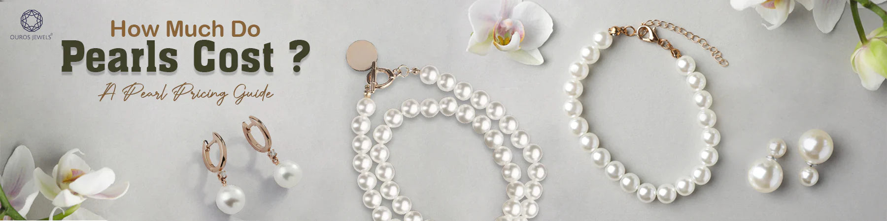Guide on how much pearls cost, featuring a pearl bracelet, earrings, and the text 'how much do Pearls Cost? A Pearl Pricing Guide