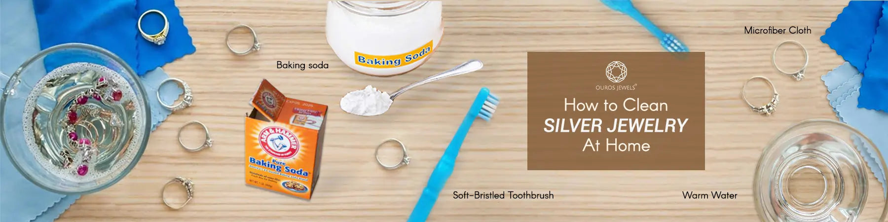 How to clean silver jewelry at home using baking soda, warm water, a soft-bristled toothbrush, and a microfiber cloth.
