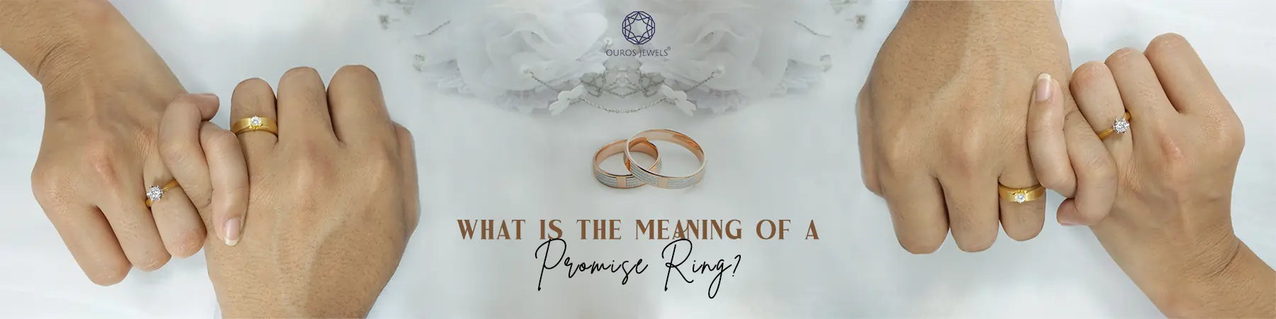 Close-up of a couple's hands wearing promise rings with a caption 'What is the meaning of a promise ring