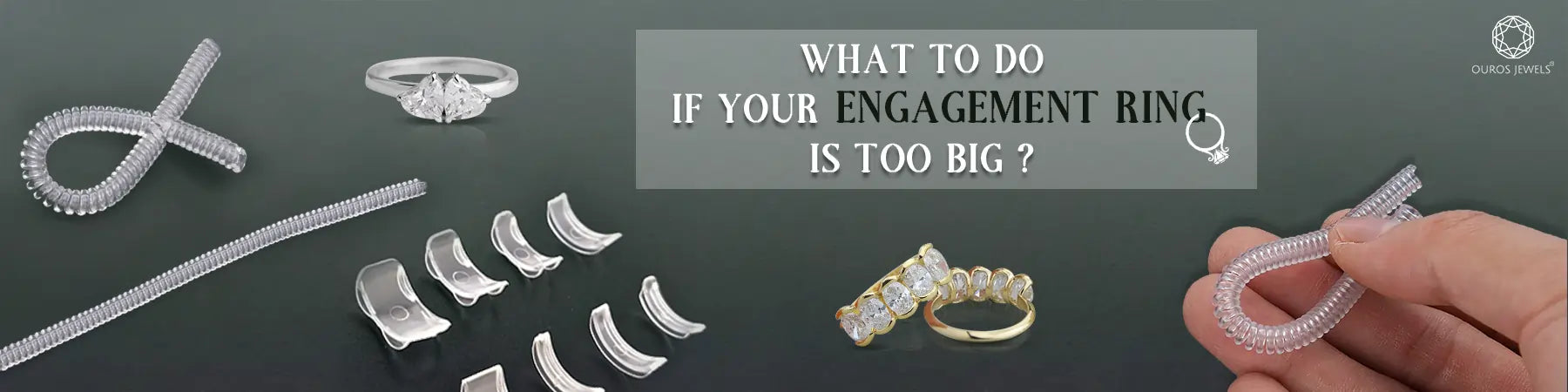 Image showing Various ring resizing tools including flexible ring sizers and metal adjusters, with two engagement rings displayed, and a hand holding a flexible ring sizer