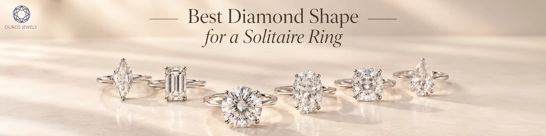 Solitaire rings showcasing different diamond shapes, including round, oval, emerald, marquise, and cushion cut diamonds.