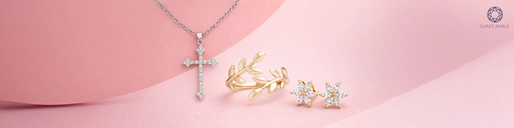 Easter gift ideas featuring a diamond cross necklace, gold leaf ring, and flower stud earrings by Ouros Jewels