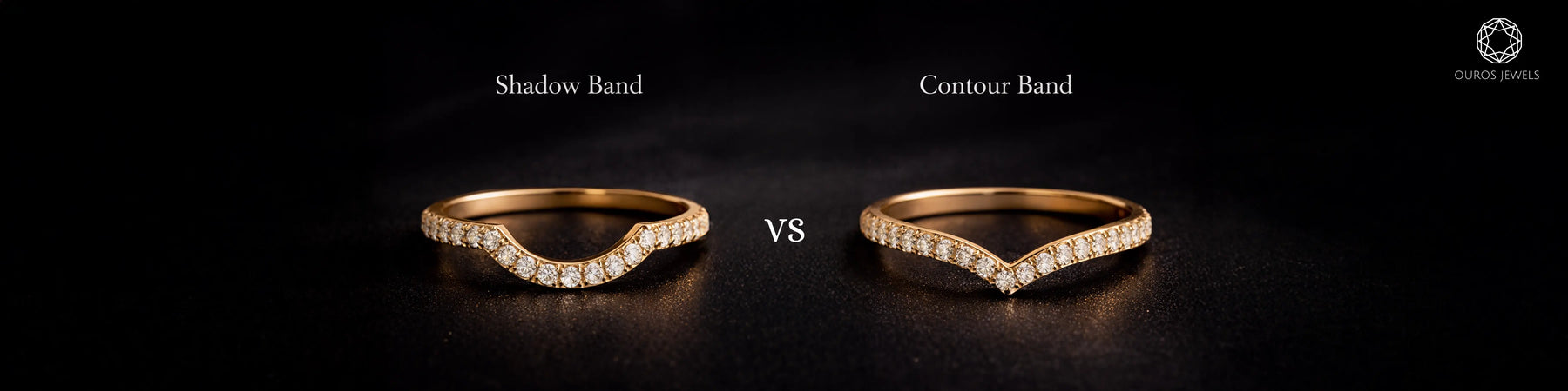Shadow Band vs Contour Band, Curved diamond wedding bands in yellow gold by Ouros Jewels