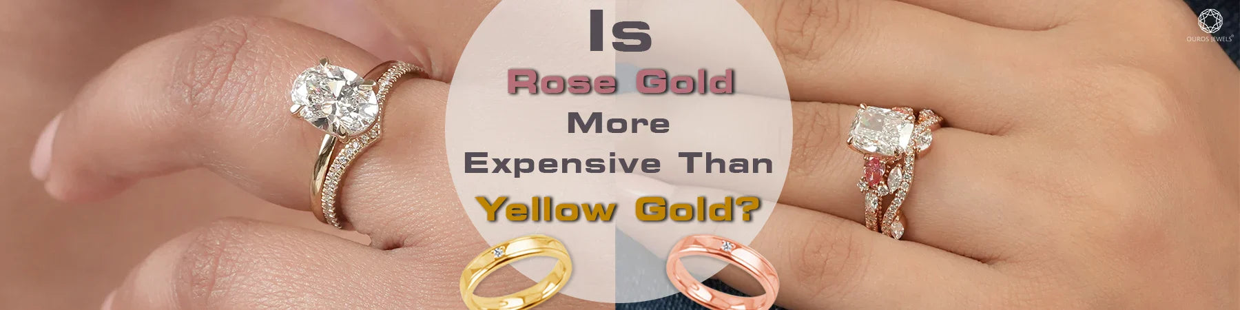 Two hands wearing engagement rings and wedding bands. The text reads 'Is Rose Gold More Expensive Than Yellow Gold?' with images of rose gold and yellow gold rings.