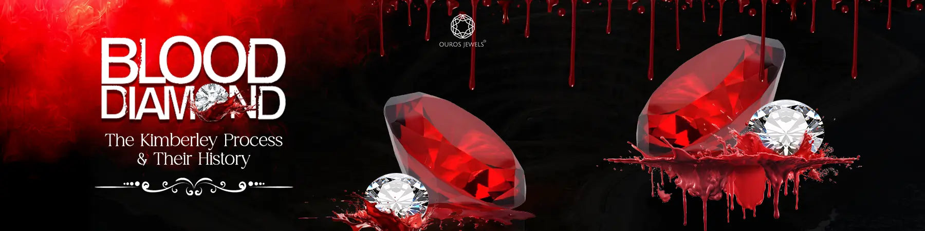 Blood Diamond - The Kimberley Process & Their History. Image features a blood-red diamond and a clear diamond with red dripping background, representing conflict diamonds