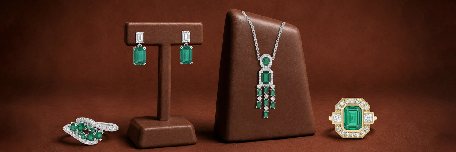"Emerald Jewelry Collection - Lab Grown Emerald Gemstone Rings, Pendants, Necklaces, Earrings & Bracelets | Ouros Jewels"