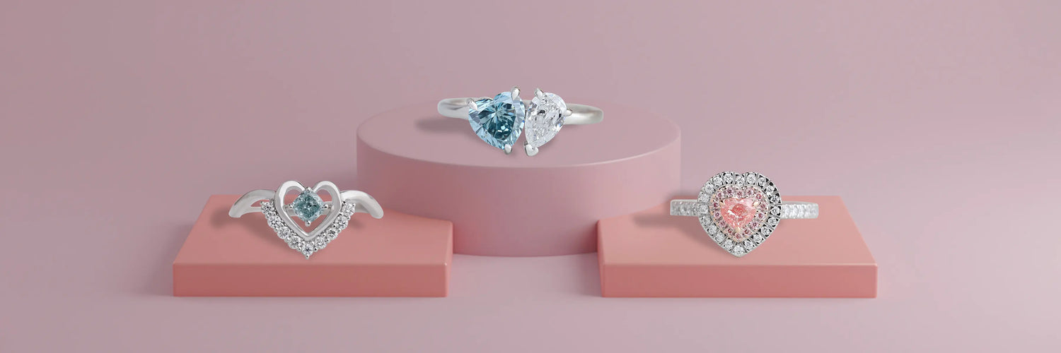 Image showing 3 various style of Heart shape lab-grown diamond engagement rings