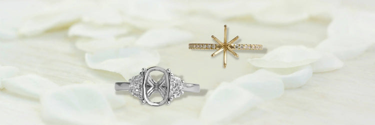 A luxurious custom-made semi-mount engagement ring set, featuring three rings in silver and gold metal tones, designed for a personalized touch