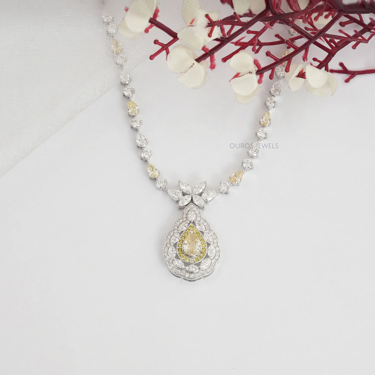 Yellow Pear And White Diamond Teardrop Necklace Necklaces