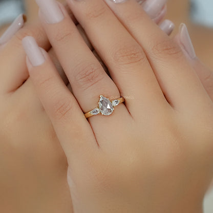 Three Stone Rose Cut Pear Diamond Engagement Ring